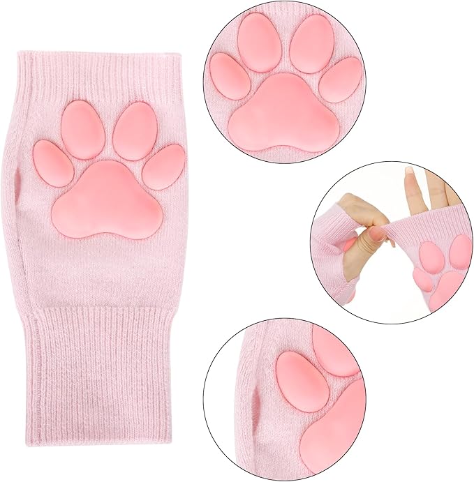 Nydotd Cat Paw Pad Mittens Gloves Kawaii Pink 3D Claw Fingerless Cute Cat Cosplay Gloves Sleeve for Girls Party