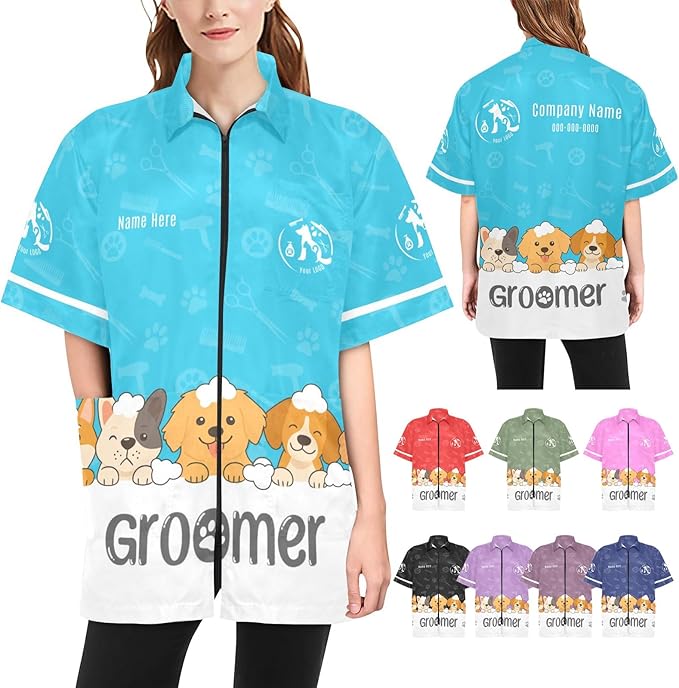 Custom Pet Grooming Jackets with Logo Text, Personalized Dog Salons Groomer Smocks, Unisex Waterproof Workwear