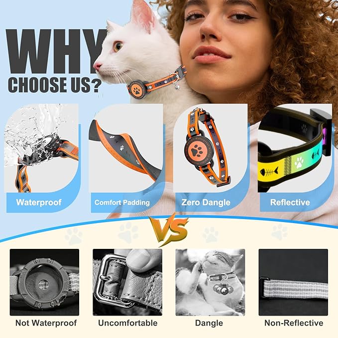 Airtag Cat Collar Breakaway, Reflective Cat Collar with AirTag Holder and Bell, Compatible with Apple Air Tag, Comfortable Padding, Adjustable, Durable (Orange, S)