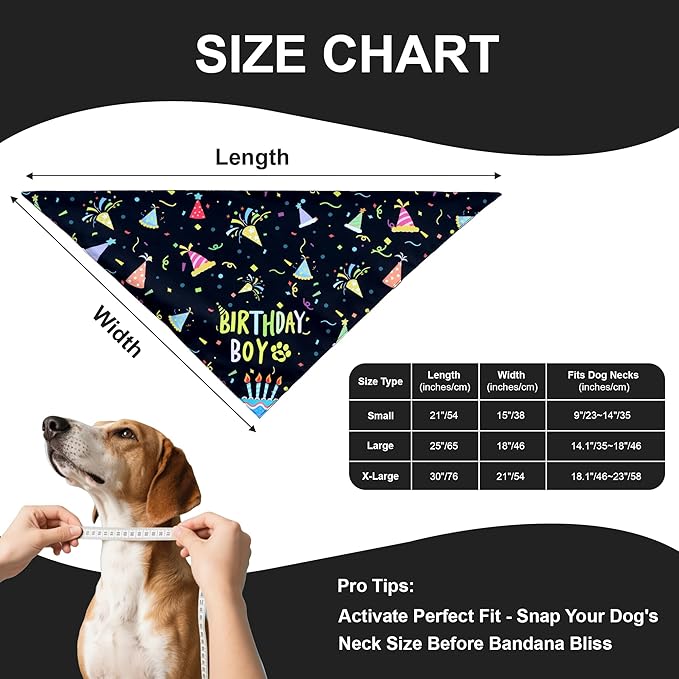 Dog Birthday Bandanas, 2-Pack Reversible 4 Patterns for Large X-Large Dogs - Black Boy & White Girl Birthday Scarf, Party Outfit Gift for Pups (18-23" Neck)