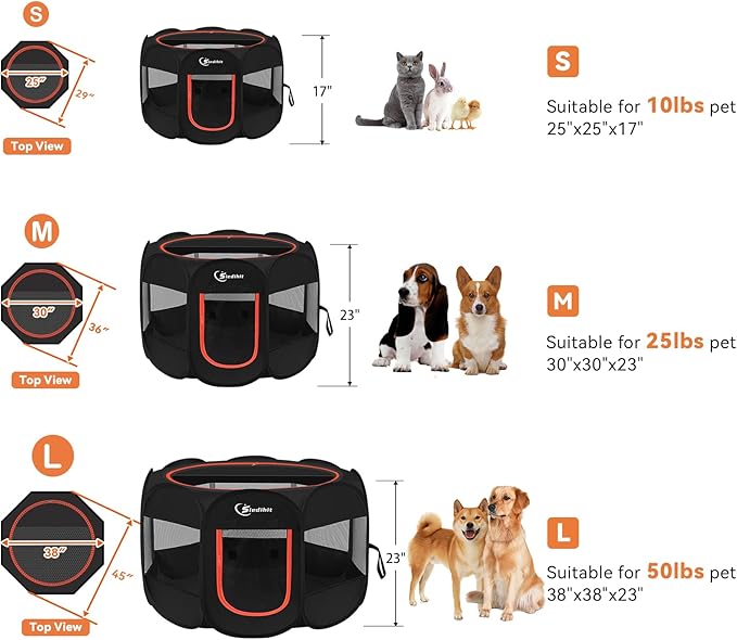 Dog Playpen, Large Puppy Pet Playpen, Dog Crate Tent Cage Indoor/Outdoor, Portable Pop Up Dogs Kennel Playpen with Carrying Case for Dogs/Cats/Rabbitss, Black