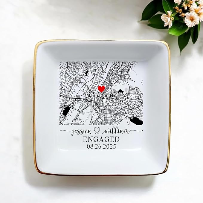Custom Location Map Engaged Ring Dish Engagement Gift, Jewelry Tray Gifts for Newly Engaged Couple, Ring Holder Dish Wedding Anniversary, Trinket Dish for Her Bride Wife