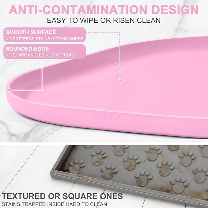 Silicone Pet Food Mat with Raised Edge for Food and Water Bowl, Dog Feeding Mats, Cat Food Trays for Floor Waterproof, Rubber Tray for Dogs and Cats, 24 x 16 x 0.8 Pink