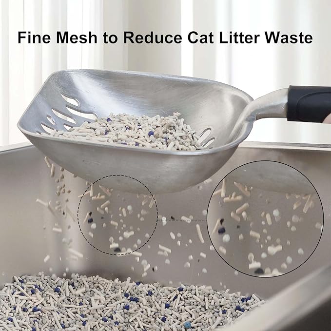 Cat Litter Scoop, Aluminum Alloy Sifter, Durable Metal Poop Scooper with Deep Shovel and Diagonal Holes, Long Ergonomic Handle, Black Handle for Easy Cleaning