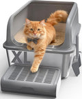 Cat Litter Box - Stainless Steel Litter Box with Scatter-Proof Elevated Step Board for Kitty Use, Robust & Non-Sticky Metal Cat Box with Scoop, Grey, XL