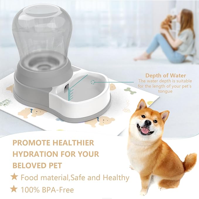 1 Gallon Automatic Dog Water Dispenser, Premium Large Capacity Gravity Pet Water Bowl with Non-Slip Mat for Multiple Pets, BPA-Free Cat Water Feeder for Large Dogs, Refill Less Often, Grey
