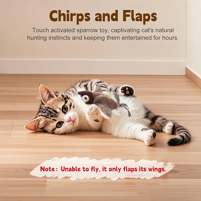 Chirping Bird Cat Toy - Interactive Flapping Bird Cat Toy for Indoor Cats, Simulated Rechargeable Flappy Sparrow with Catnip Pouch