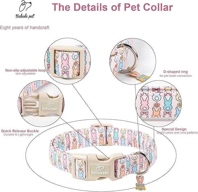 Easter Dog Collar for Small Dogs - Pastel Bunny Easter Collars for Female Dogs, Cute Spring Girl Dog Collar, Lightweight Adjustable Cartoon Holiday Pet Collars S