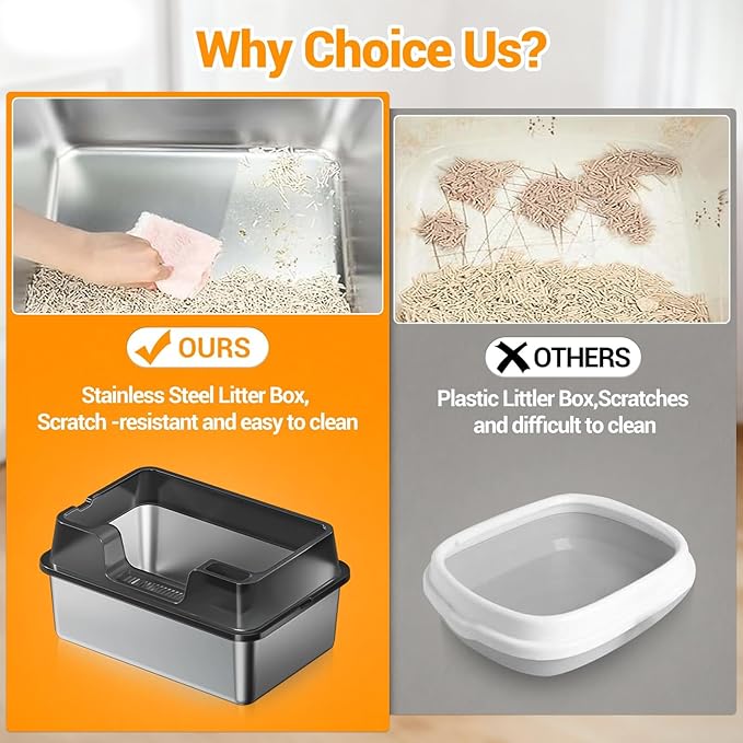 Stainless Steel Litter Box, XL Enclosed Cat Litter Boxes with Lid for Big Cats and Multi-Cats, High Sided, Anti-Urine Leakage Non-Stick Bottom Include Scoop Easy to Clean