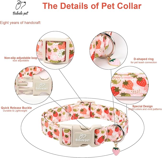 Strawberry Dog Collar for Large Dogs - Cute Spring Pink Dog Collars, Summer Pastel Puppy Collars, Soft Adjustable Boy Girl Dogs Collar with Quick-Release Buckle L