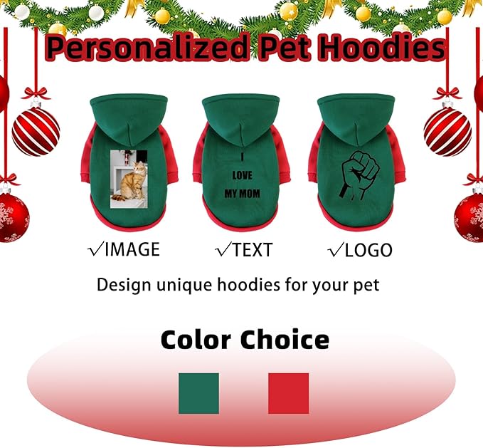 Custom Dog Hoodie, Personalized Sweatshirt with Photo Text Name Logo, Customized Hooded Sweater for Small Medium Large Dogs & Cats (Green + Red Border, XX-Large)