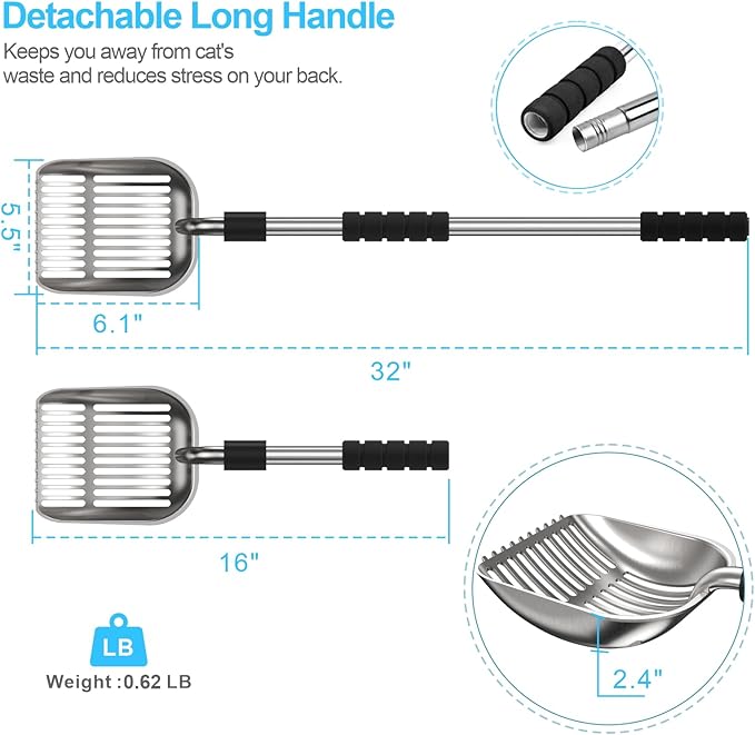 Depets Cat Litter Scoop, Metal Litter Scooper with Deep Shovel, Detachable Long Handle Cat Litter Sifter with Holder, Large Durable Cat Litter Shovel with Foam Pad Grip for Easy Sifting
