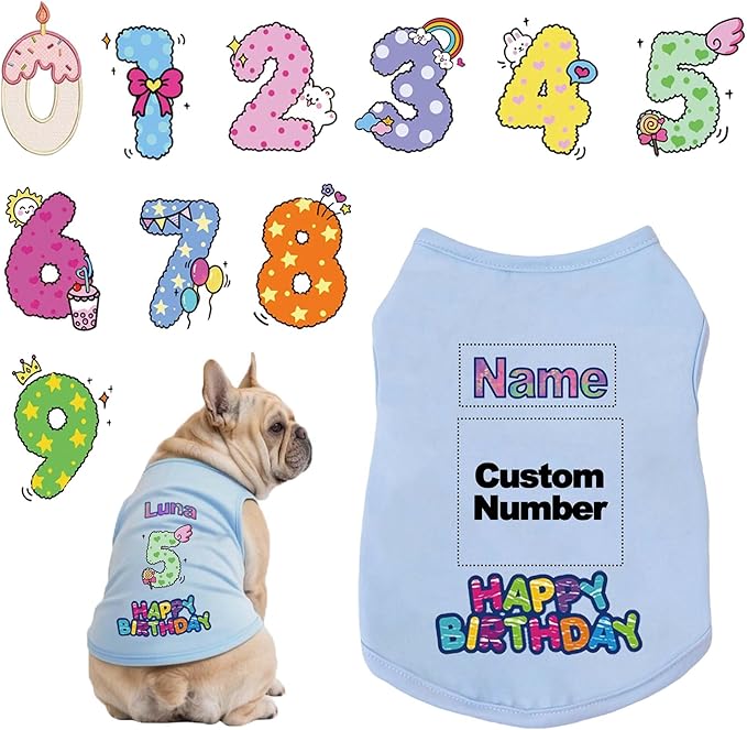 Custom Dog Birthday Shirt,Personalized Pet Apparel Print with Name Age Number,Pet Birthday Outfit,Lightweight Breathable Cotton Vest for Small Medium Large Dogs Cat (Blue, 7X-Large)