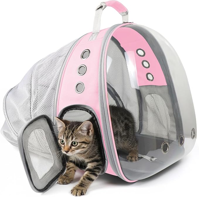 Cat Backpack Carrier, Back Expandable Pet Backpack with Bubble Window, Airline Approved Pet Travel Bag for Small/Medium Cats & Puppies, Hiking, Camping, Outdoor Use (Pink)