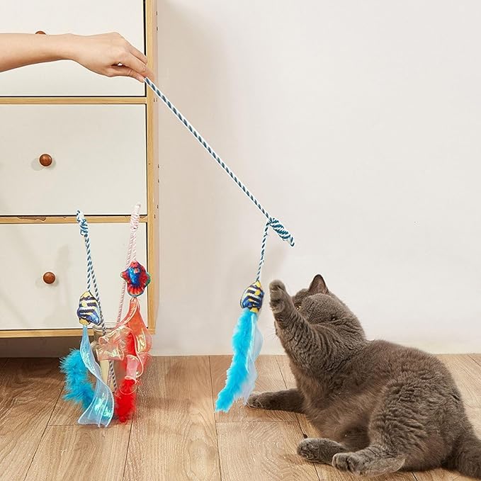 IUHKBH Cat Wand Toy, 2 PCS Vibrant Colors Teaser Toy Interactive Cat Toy for Indoor Cats Enrichment, Saft Kitty Toy for All Breed Sizes