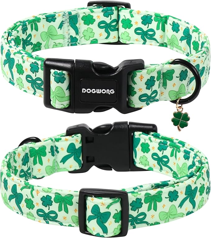 DOGWONG St Patrick's Day Dog Collar-Cute Green Clovers Dog Collar, Adjustable Cotton Shamrock Pet Collar Trefoil Puppy Collars with Quick Release Buckle,M
