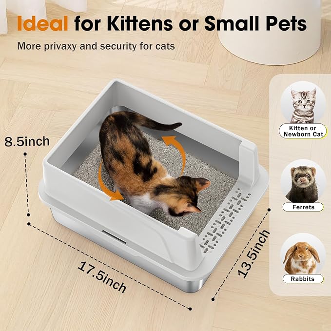 2PACK Stainless Steel Cat Litter Box with Lid, High-Sided Metal Litter Pan for Small Cats, Kitty Litter Box, Non-Stick & Odor-Resistant, Anti-Urine Leakage, Easy to Clean, Scoop Included
