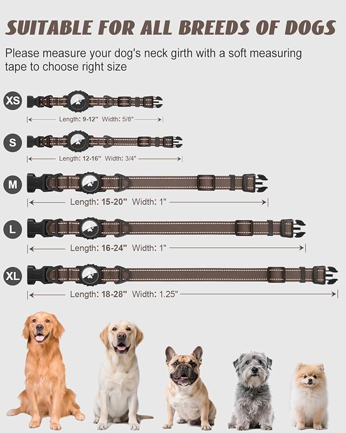 Joytale Airtag Dog Collar, Reflective Pet Collar with Waterproof AirTag Holder, Dual D-Rings, Soft Padded Adjustable for Small Dogs, Brown, S