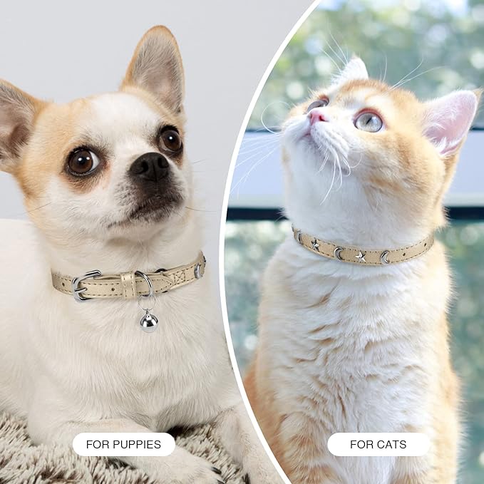 Leather Cat Collars for Boy Girl Cats with Bell and Safety Elastic Belt, Personalized Star and Moon Stud Adjustable Safe Buckle Collar for Kitty Small Big Cats Size 7-9 Inch, Gold
