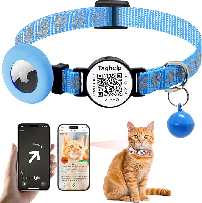 Reflective AirTag Cat Collar with Bell & Elastic Safety Band - Personalized Cat ID Tag & QR Code Smart Tracker for Cats, Kittens, Puppies - Perfect for Girl & Boy Pets(Blue)