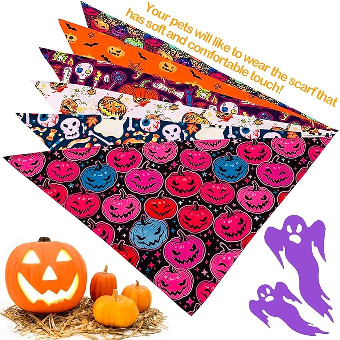 PET SHOW 50 Pack Halloween Small Dog Bandanas Girl Boy Pumpkin Bat Ghost Cat Scarf Adjustable Pet Bibs for Medium Pets Accessories Puppy Outfit Festival Party Supply
