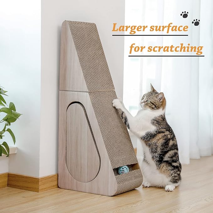 PAWZ Road Cat Scratcher, Triangle Cardboard Cat Scratcher 28.3” Large Scratch Pad 2 in 1 Cat Tunnel Scratcher with Interactive Toy Balls for Indoor Cats