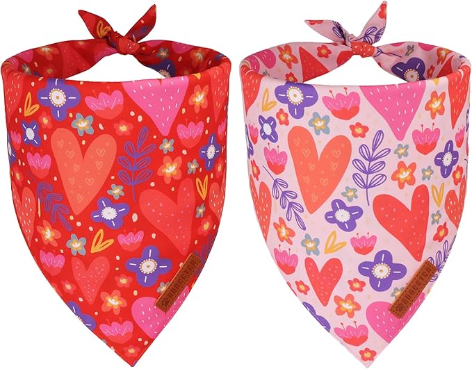 ADOGGYGO Valentines Dog Bandana 2 Pack, Heart and Floral Print Puppy Scarf Bib, Adjustable Fit Red Pink Valentines Bandanas for Small Dogs Pets (Small)