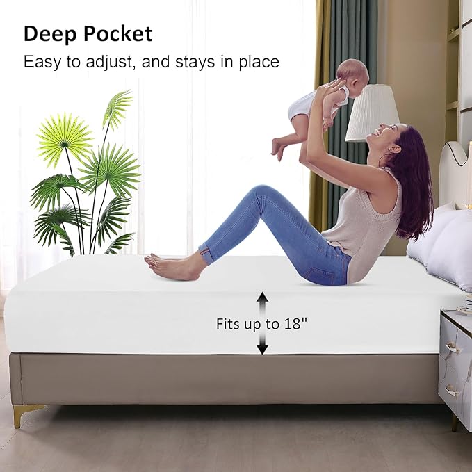 Waterproof Mattress Protector Full, Fitted Sheet Style Breathable Mattress Cover with Deep Pocket Fits Up to 18'', Noiseless Bed Cover for Kids Adults Pets, Machine Washable (White, 54'' X 76'')