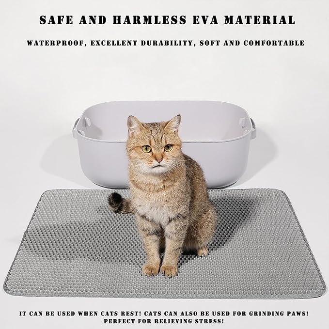 HCY&WLD Cat Litter Mat, 45x26 Inch Extra Large&Long Double Layer Cat Litter Box Mat, EVA Non-Slip, Waterproof Urine Proof Litter Trapping Mat, Easy Clean Scatter Control (45x26 Inch, Gray)