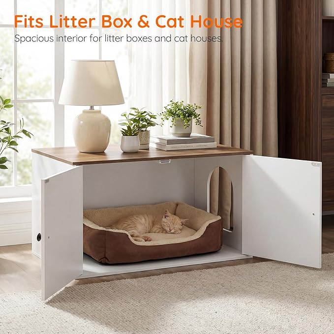 HOOBRO Cat Litter Box Enclosure, Hidden Litter Box Furniture with Side Entry, Litter Box Cabinet, Indoor Cat House, End Side Table, 31.5" L x 17.7" W x 16.3H, for Bathroom, White and Walnut WH40MW01