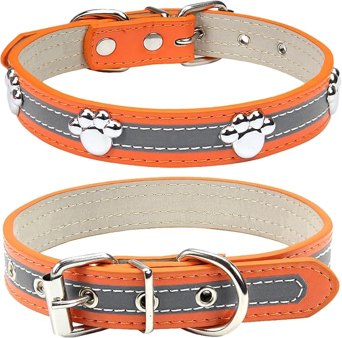 PETCARE Reflective Dog Collar with Cute Paw Rivet Studded Funny Soft PU Leather Adjustable Puppy Dog Collars for Small Medium Large Dogs Cats (Orange,XX-Large)