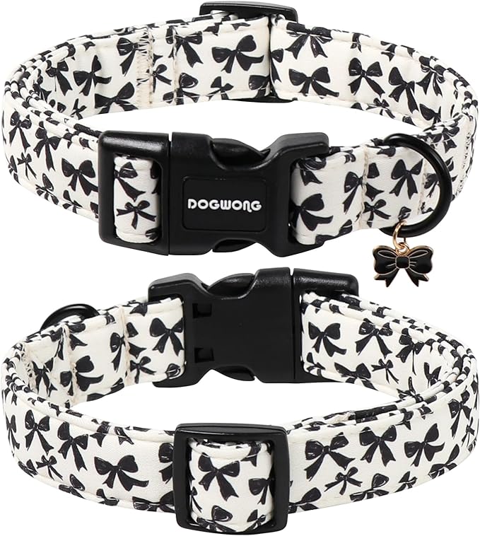 DOGWONG Cute Dog Collar, Black Bow Pattern Dog Collar, Girl Female Dog Collars with Strong Plastic Buckle for Medium Large Dogs,L