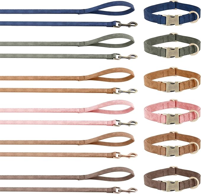 Genuine Leather Dog Collar - Adjustable Pet Collar with Quick Release Metal Buckle, Soft Skin Friendly Real Leather Collar for Small, Medium, Large Dogs (Khaki Collar + Rope, L：Fit 15-23" Neck)