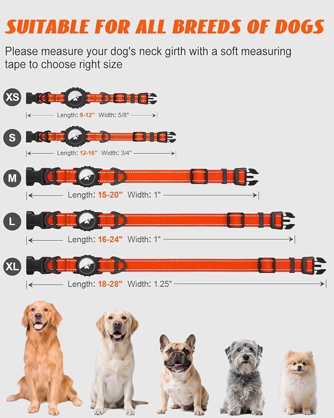 Joytale Airtag Dog Collar, Reflective Pet Collar with Waterproof AirTag Holder, Dual D-Rings, Soft Padded Adjustable for Large Dogs, Orange, L