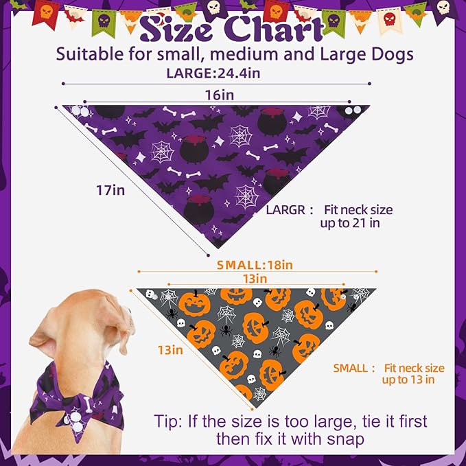 PAWCHIE Halloween Bandanas 4 Pack, Reversible Pumpkin Dog Scarf Bibs, Dog Holiday Costume Set with Two Adjustable Snaps, Multiple Halloween-Themed Patterns for Puppy, Cats, Pets