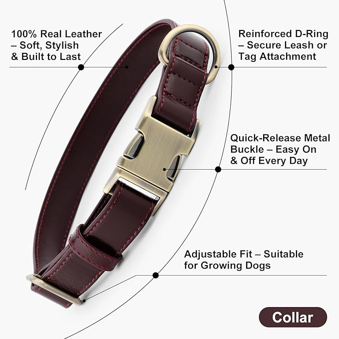 Plutus Pet Genuine Leather Dog Collar – Adjustable Pet Collar with Quick Release Metal Buckle, Soft Real Leather for Small Medium Large Dogs, Heavy Duty & Skin-Friendly (Copper Brown, XS)