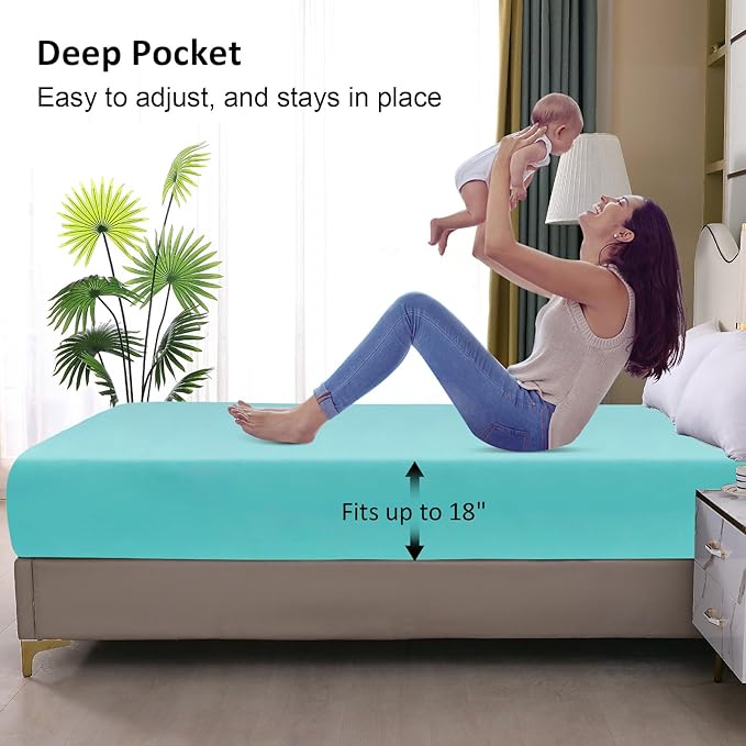 Waterproof Mattress Protector Full, Fitted Sheet Style Breathable Cooling Mattress Cover with Deep Pocket Fits Up to 18'', Noiseless Bed Cover for Kids Adults Pets, Machine Washable(Cyan, 54'' X 76'')