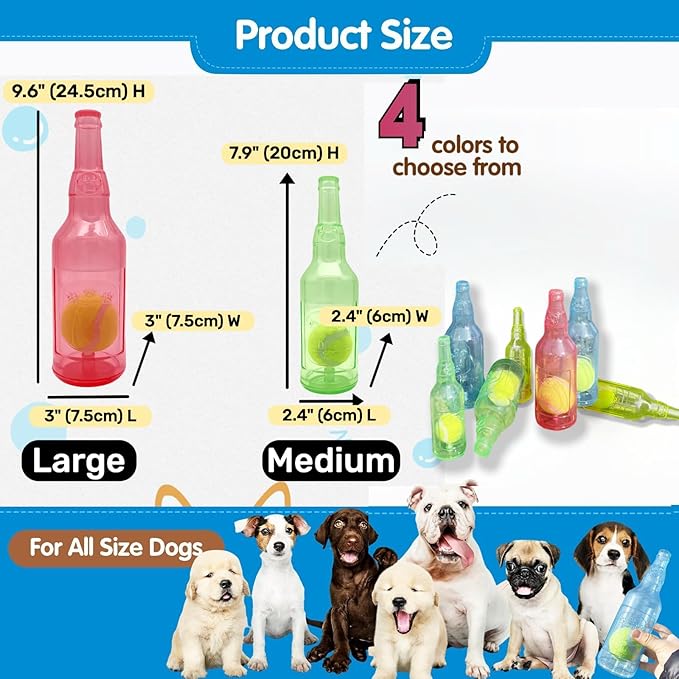 Tennis Ball in Bottle Dog Toy [2025 New Upgrade] Reinforced and Thickened Rubber Bottle Dog Chew Toy with Ball Squeaky Fetch Toy Tough (Blue, Medium)