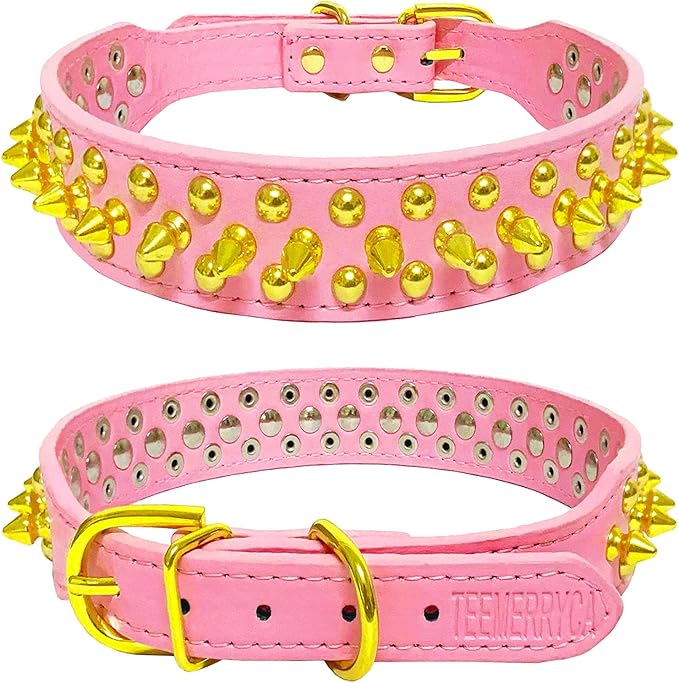 TEEMERRYCA Pink Leather Gold Spiked Studded Dog Collar for Female Puppy Small Medium Large Pets, Pit Bulls Bulldog, Keep Dog Safe from Grabbing by Huge Dogs, XXL 19.7"-22.4"
