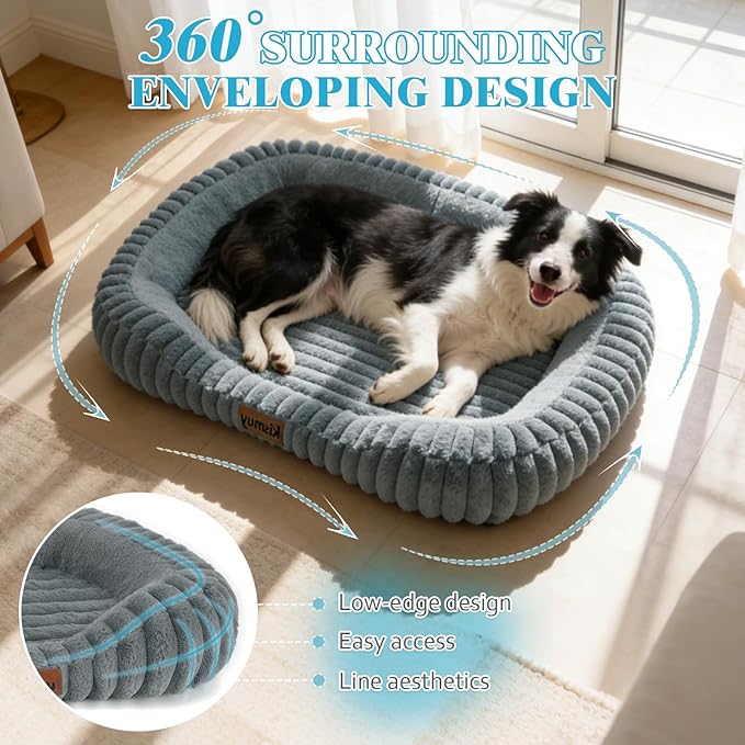 Cute Dog Bed for Medium Dogs, Orthopedic Rectangle Dog Bed with Washable Furry Cover and Anti-Slip Bottom, Soft Calming Puppy Bed with Handle, 30" x 24" x 5", Grey, L