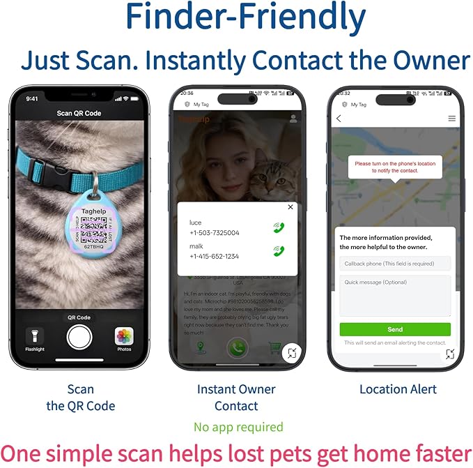 Smart QR Code Cat ID Tag – Free Forever Online Profile, No Subscription Pet Safety Tag, Instant Owner Alert on Scan, No App Required, Anti-Lost Cat ID Tag QR Code（Pink 1 Inch）