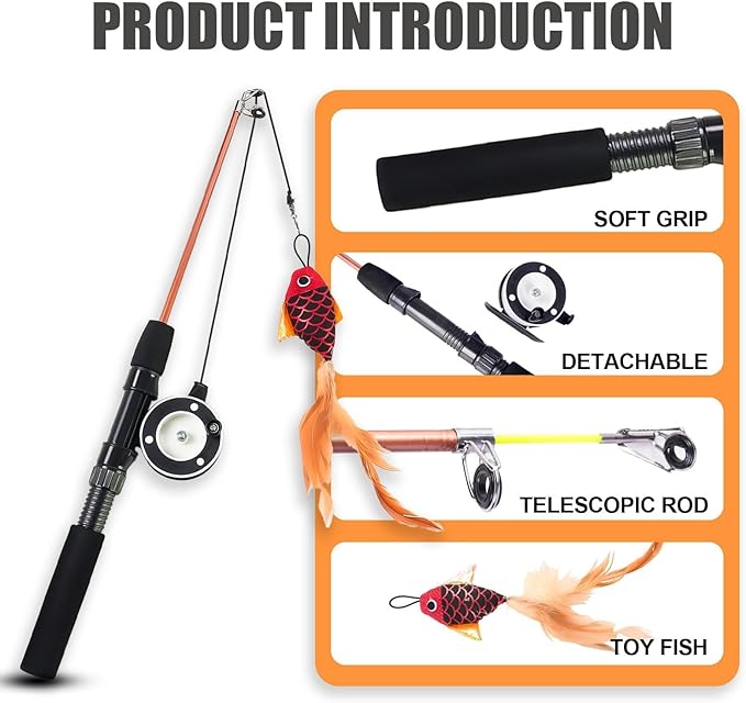 Cat Toys Interactive for Indoor Cats Wand Retractable Fishing Pole with Fish and Feather,Teaser Kitten Toy Bored Adult Pet for Enrichment Playtime Fun,Promotes Healthy Exercise