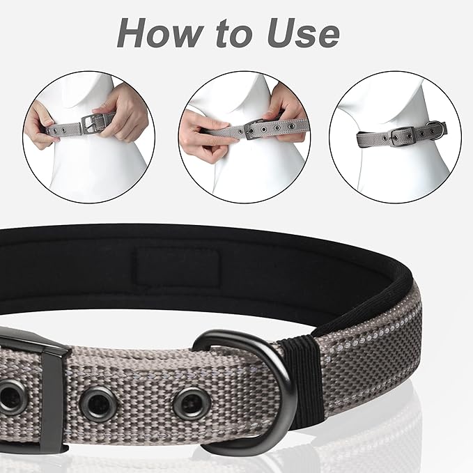 PetiFine Dog Collar for Large Dogs, Neoprene Padded and Adjustable, Reflective Wide Heavy Duty Pet Collars with Durable Metal Belt Buckle for Walking, Grey, XL