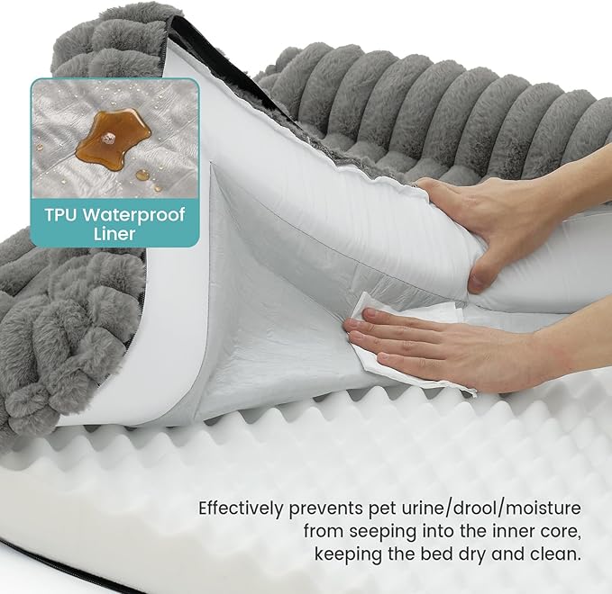 Cute Dog Bed, Faux Rabbit Fur Orthopedic Foam Dog Bed with Sides, Removable Washable Cover & Waterproof Lining, Comfortable Pet Couch for Small Dogs, Grey (30" L x 20" W x 6" Th)