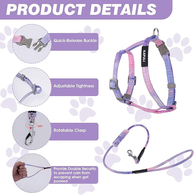 Cat Harness and Leash for Walking Escape Proof Adjustable Soft Harnesses and Leash Set Easy to Wear Kitten Harness for Travel Training and Walking(Gradient Purple)