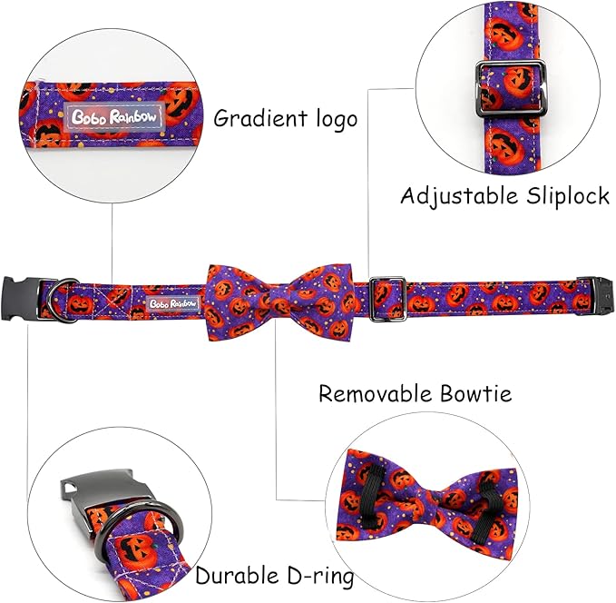 Dog Collar - Halloween Pumpkin Bowtie Pet Collar Gift Soft Bow Collar Pet Adjustable Metal Buckle Puppy Collars for X-Small Dogs