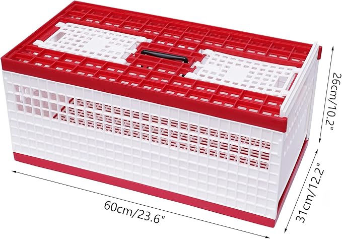 Folding Pigeon Cage with Handle, Portable Plastic Bird Travel Carrier Cage with 3 Doors & Ventilation Grids, Red & White Training Release Nest Box for Racing Pigeons (Holds Up to 14 Birds)