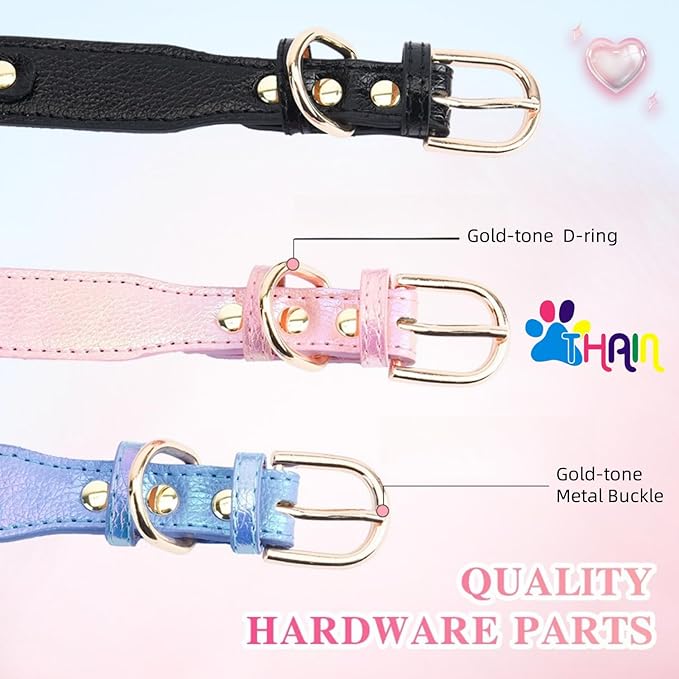 THAIN Fashion Dog Collar with Bling Diamonds & Heart Charm – 5 Holes Adjustable PU Leather Rhinestones Necklace Collar, Gold Buckle for Small Dogs Girl (Pink, XS)