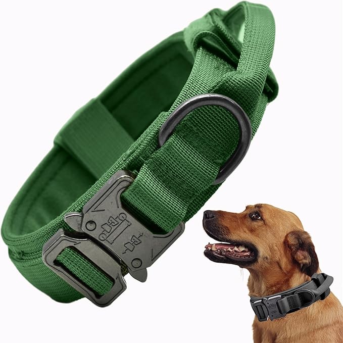 Tactical Dog Collar, Adjustable Military Training Nylon Dog Collar with Control Handle and Heavy Quick-Release Metal Buckle for Small Medium Large Dogs, Emerald Green M