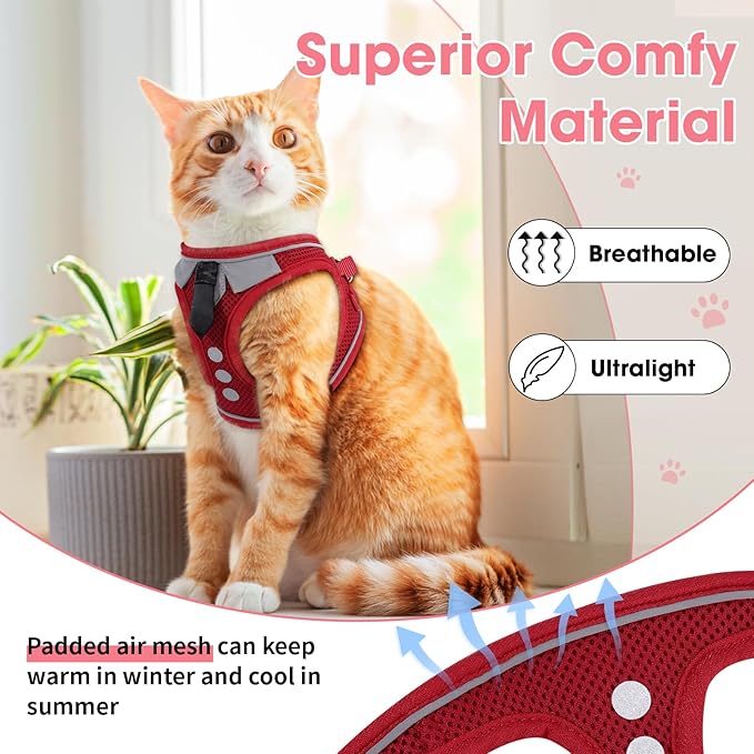 Cat Harness and Leash Set for Walking Escape Proof, Soft Adjustable Kitten Harness Breathable Mesh with Reflective Strips Harness for Kitty Puppy Bunny(Red,XS)